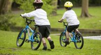 picture of two kids with skateboard helmets on bikes i the park