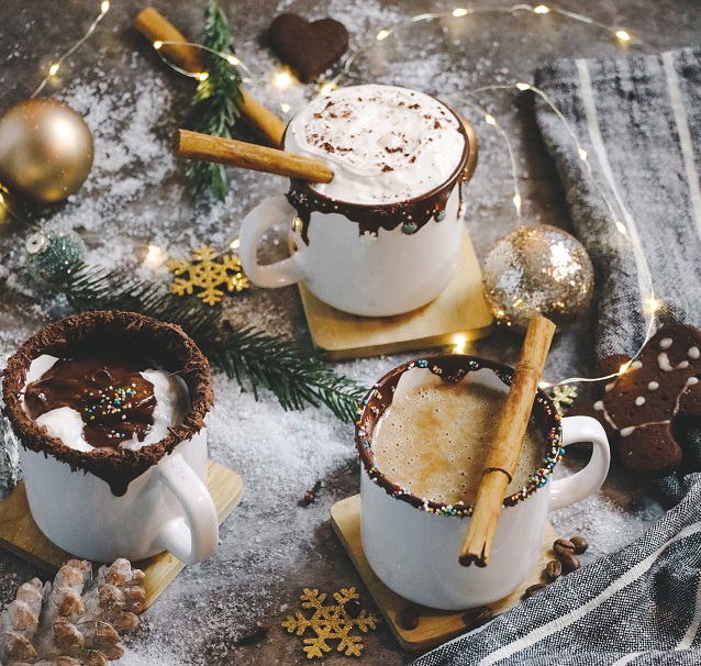 three Christmas cups of hot chocolate