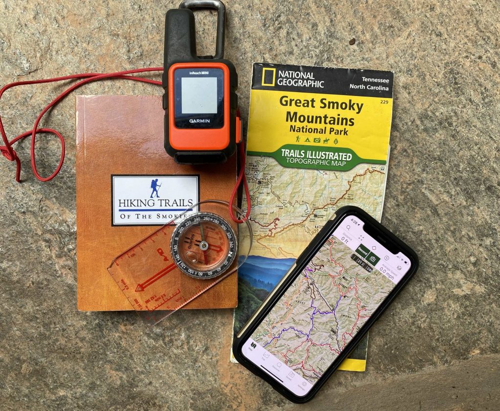 Hiking Navigation Tools phone, compas, gps, map, guide