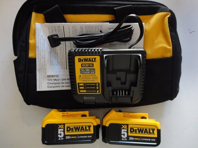 close-up of dewalt charger and batteries