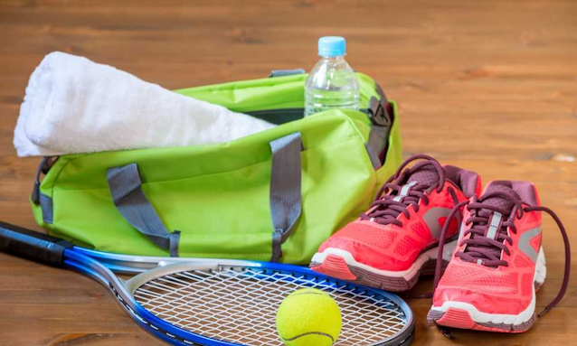 Tennis bag, trainers, towel