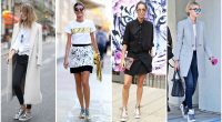 picture of 4 women in different style outfits and sneakers
