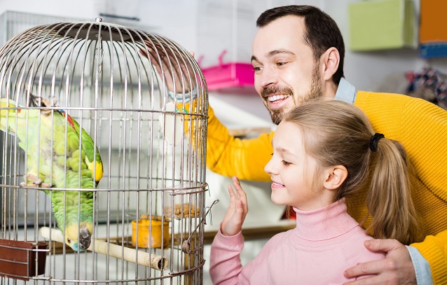 Father and daughter have fun with a bird in a cage