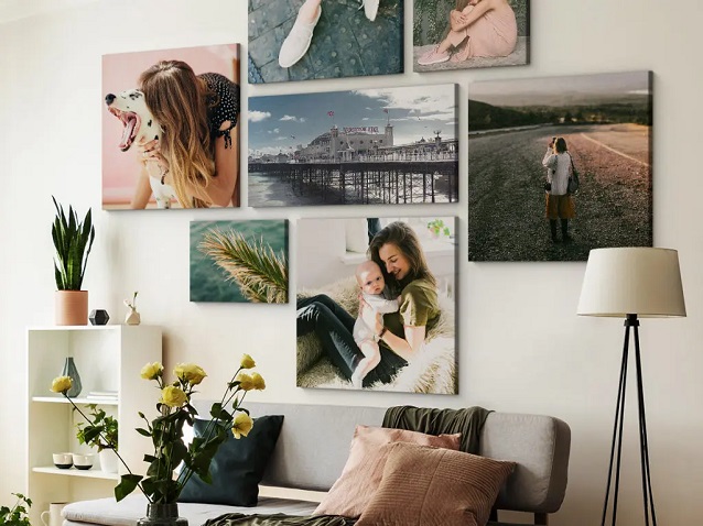 living room with acrylic photo prints of family, pets and places