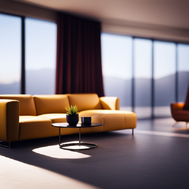 living room with motorized curtains